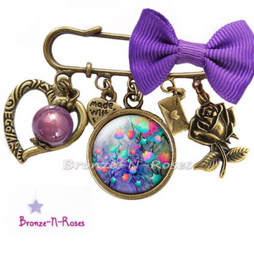 Broche épingle " magic flowers fun colors " cabochon bronze violet rose bleu 