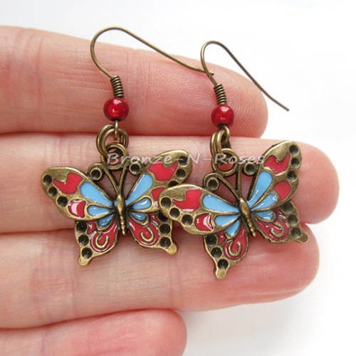 Boucles d'oreilles * papillons * bronze perle rouge bleu
