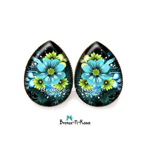 Puces d'oreilles forme goutte " bouquet de fleurs bleues "  bijou fantaisie bronze 