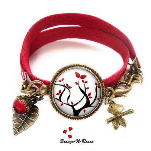 Bracelet " arbre aux feuilles rouges " bijou fantaisie cahochon couleur bronze verre 