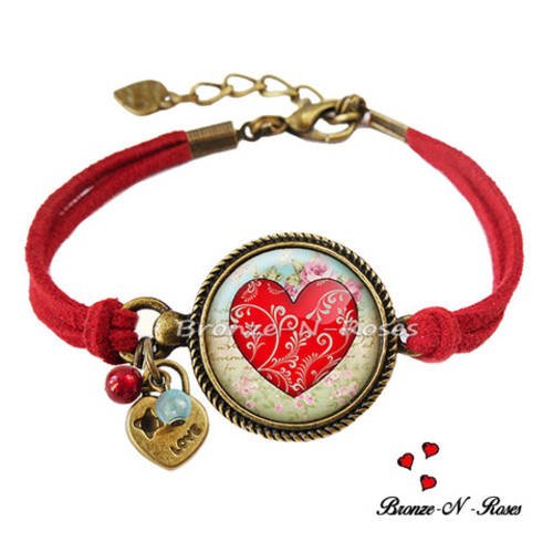 Bracelet " gros coeur rouge " cabochon bronze fleurs bijou fantaisie verre 