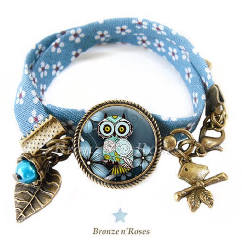 Bracelet  " belle chouette bleue " cabochon verre bijou fantaisie fleurs 