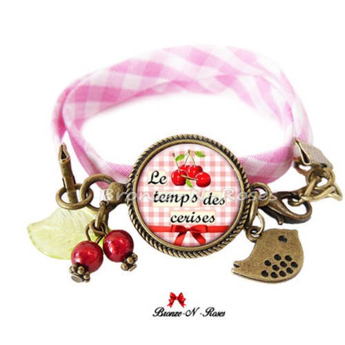 Bracelet " le temps des cerises " cabochon vichy rose bronze bijou rouge 