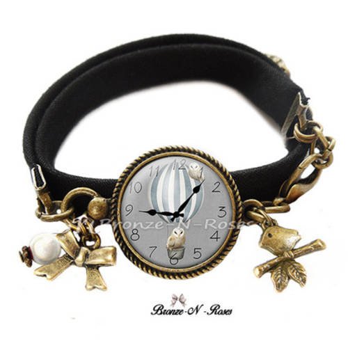 Bracelet " le temps d 'un rêve " cabochon gris montre chouette hibou 