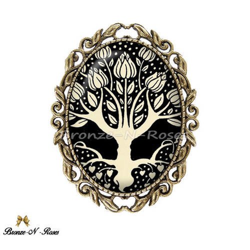Broche médaillon * art nouveau design * cabochon bronze noir nature arbre 