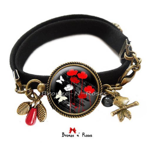 Bracelet " coquelicots et papillons " cabochon rouge fleurs bronze verre 