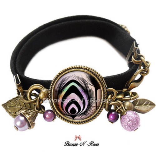 Bracelet " plume de paon " cabochon violet noir bronze 
