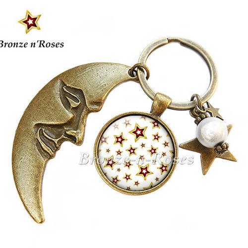 Porte clés * etoiles * cabochon stars blanches bijoux fantaisie bronze 