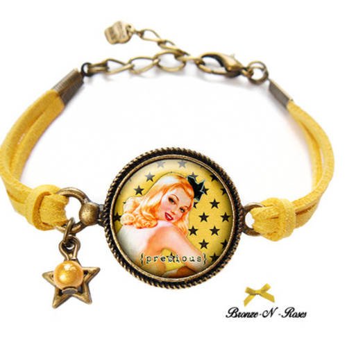 Bracelet ** pin-up girl ** bijou cabochon bronze jaune étoiles 