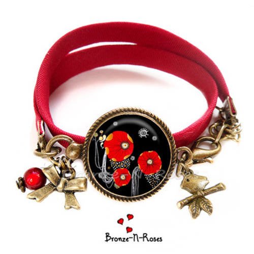 Bracelet °° coquelicots °° cabochon rouge fleurs bronze bijou fantaisie 