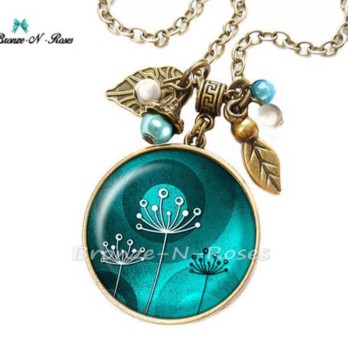 Collier " fleurs " cabochon bleu vert bijou fantaisie bronze blanc 