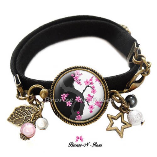 Bracelet " sakura yin et yang" cabochon fleurs japon bronze noir rose 
