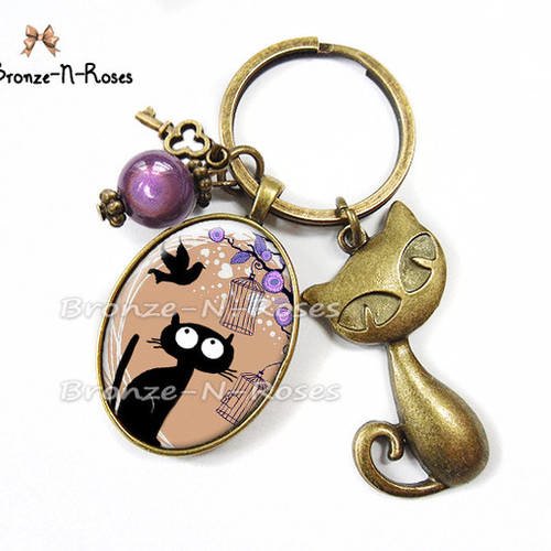 Porte clés " chat noir et l'oiseau " cabochon bijou fantaisie marron violet beige 