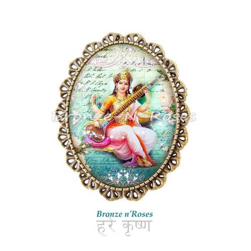 Broche épingle * déesse hindoue saraswati * cabochon bronze inde bleu rose 