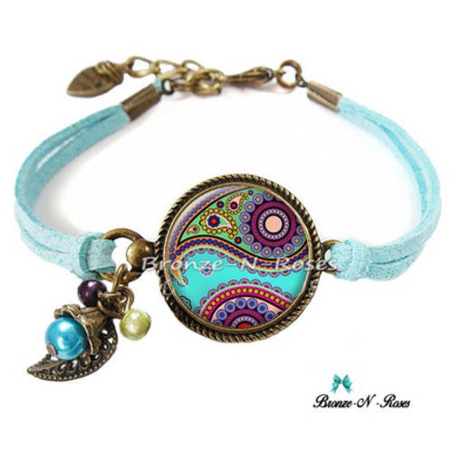 Bracelet * indian paisley * bijou fantaisie cabochon bleu motifs ethnique inde