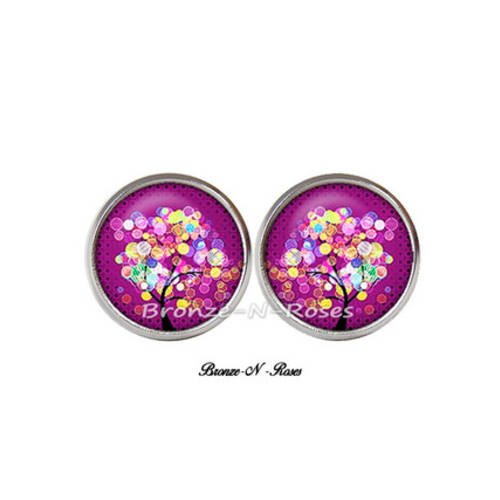 Boucles d'oreilles puces ° fleurs violettes ° cabochon acier inoxydable