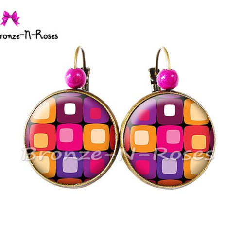 Boucles d'oreilles * look seventies * cabochon bronze bijou fantaisie rose orange verre dormeuses