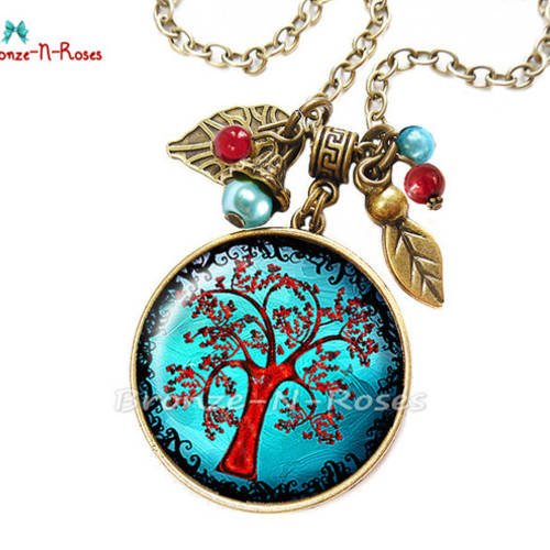 Collier " arbre magique " cabochon bleu et rouge bronze bijou fantaisie 