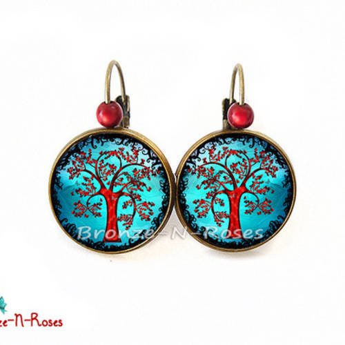 Boucles d'oreilles " arbre magique " cabochon bleu et rouge bronze bijou fantaisie dormeuses 