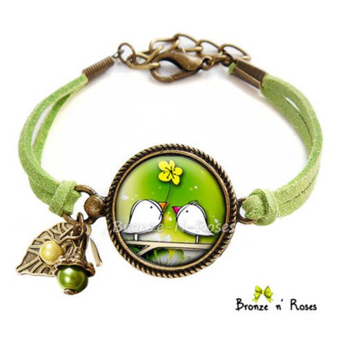 Bracelet * une fleur pour toi * cabochon vert oiseaux amoureux jaune verre