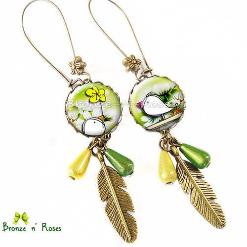 Boucles d'oreilles * une fleur pour toi * cabochon vert oiseaux amoureux jaune verre