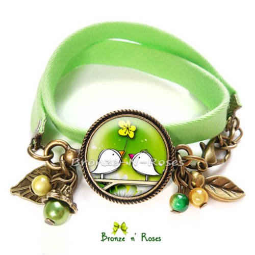 Bracelet * une fleur pour toi * cabochon vert oiseaux amoureux jaune verre tissu 
