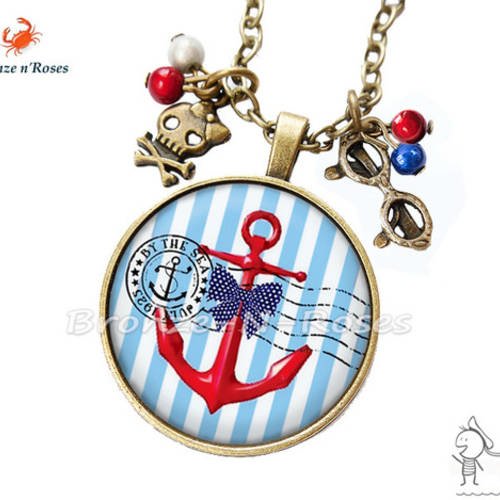 Collier " la mer " cabochon bleu la plage bronze ancre marin rouge verre 