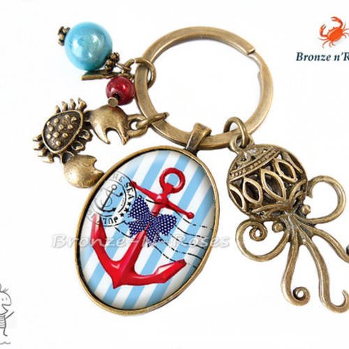 Porte clés " la mer " cabochon bleu la plage bronze ancre marin rouge verre 