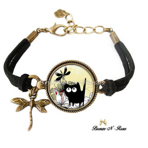 Bracelet * chat noir et libellule * bijou fantaisie bronze et cabochon de verre