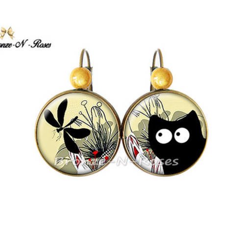 Boucles d'oreilles * chat noir et libellule * bijou fantaisie bronze et cabochon de verre dormeuses