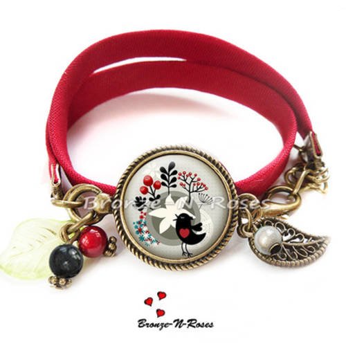 Bracelet " lovely bird " cabochon oiseau fleurs rouges bronze gris noir perles verre 