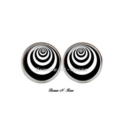 Boucles d'oreilles puces * cercles noirs et blanc * cabochon verre acier inoxydable