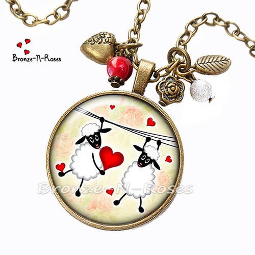 Collier " un cœur pour toi " bijou cabochon bronze moutons blancs verre 