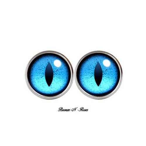 Boucles d'oreilles puces * creatures eyes * cabochon verre acier inoxydable yeux chat oeil bleu 