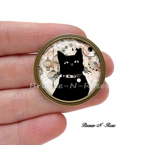 Broche épingle * chat noir * bijou cadeau bronze verre japon