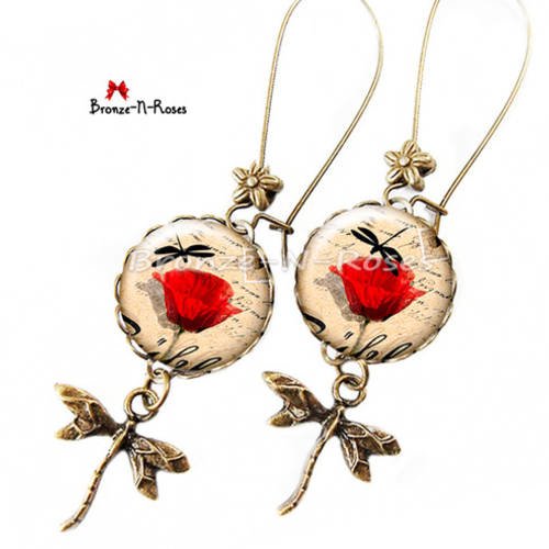 Boucles d'oreilles * libellule et coquelicots * bijou cabochon bronze fantaisie rouge fleurs 