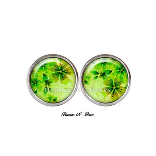 Boucles d'oreilles puces * fun colors * cabochon vert acier inoxydable verre 