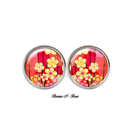 Boucles d'oreilles puces * fun colors * cabochon rouge et jaune acier inoxydable verre