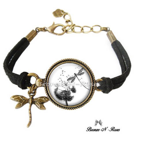 Bracelet ° libellule noire ° cabochon fleurs pissenlit bronze noir et blanc verre