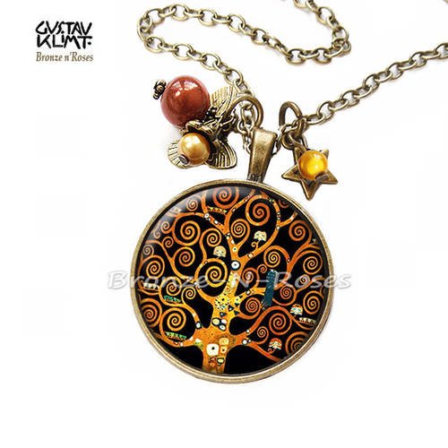 Collier " arbre de vie " cabochon bronze spirales gustav klimt retro noir marron reproduction