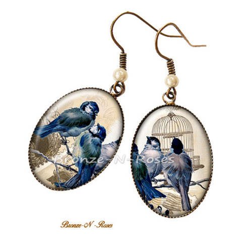Boucles d'oreilles * les oiseaux * cabochon bleu bronze rétro verre 