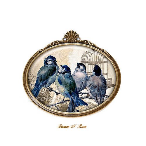 Broche médaillon * les oiseaux * cabochon bleu bronze rétro verre
