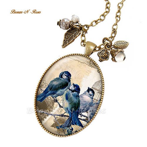 Sautoir * les oiseaux * cabochon bleu bronze rétro verre 