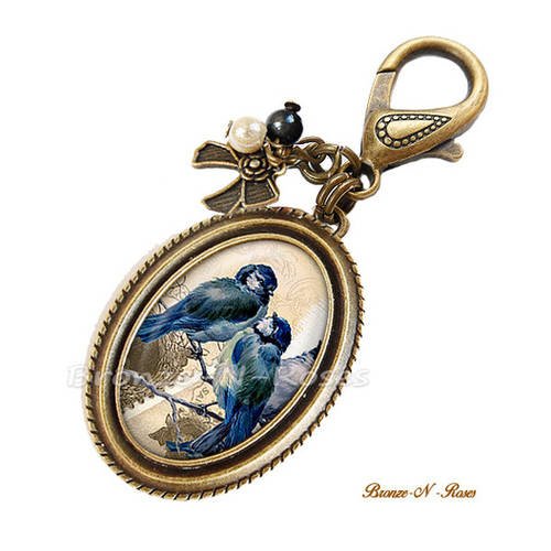 Bijou de sac * les oiseaux * cabochon bleu bronze rétro verre 