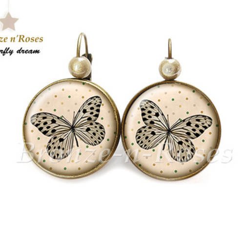 Boucles d'oreilles ° butterfly dream ° cabochon beige bronze papillon bijou verre dormeuses 