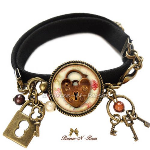Bracelet " les clés de mon coeur " cabochon bronze marron serrure bijou verre 