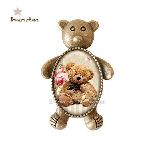 Broche épingle * teddy bears * bijou cabochon bronze fantaisie fille ours nounours rose beige 
