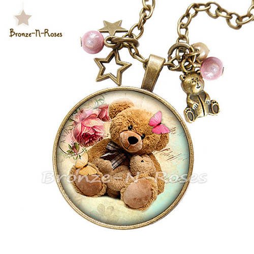 Collier * teddy bears * bijou cabochon bronze fantaisie fille ours nounours rose beige