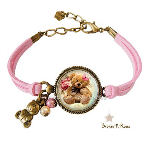 Bracelet * teddy bears * bijou cabochon bronze fantaisie fille ours nounours rose beige