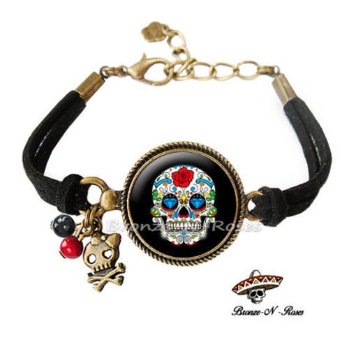 Bracelet * mexican skull * cabochon bronze tête de mort noir verre 
